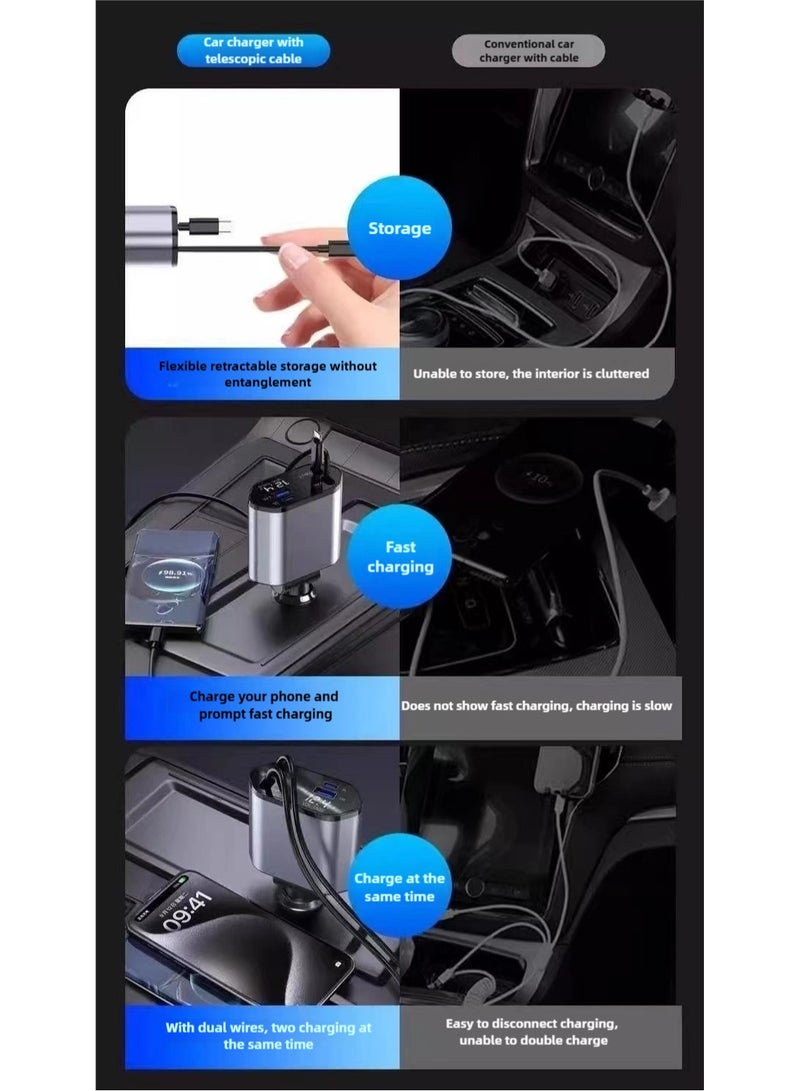100W Retractable Car Charger – Fast Charging USB Adapter with Type-C & Apple Cable, 20W PD, Auto-Retract Cable, Compatible with iPhone, Samsung, Huawei – Smart Temperature Control  - Image 5