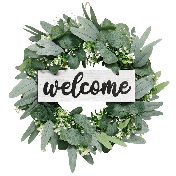 EUCALYPTUS LEAVES WREATH FOR FRONT DOOR 46CM ARTIFICIAL DOOR WREATH WITH WELCOME SIGNSPRING SUMMER GREEN WREATH FOR HOME FARMHOUSE WEDDING WINDOW WALL DECORATION