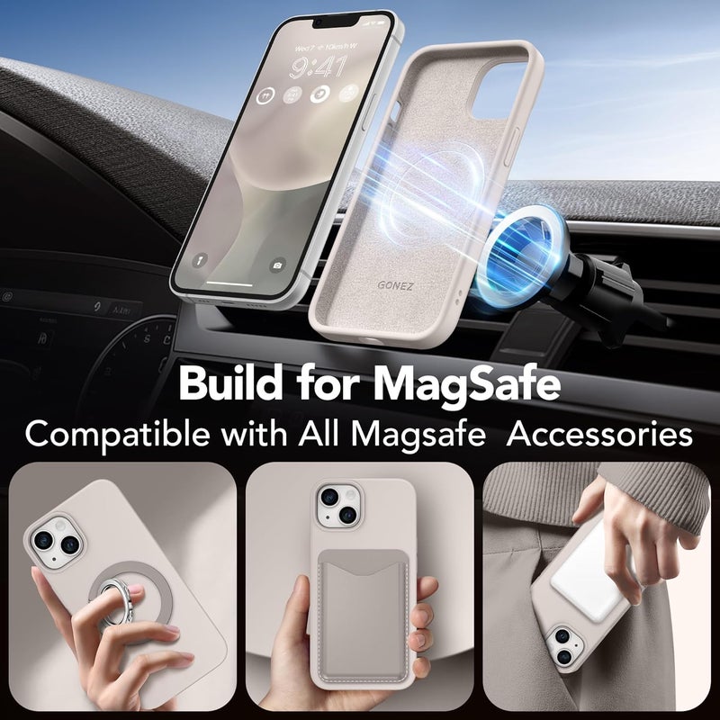 GONEZ iPhone 14 Silicone Case with 2 Screen Protector + 2 Camera Lens Protectors, [Anti-Scratch Soft Microfiber Lining], 6.1 Inch Shockproof Liquid Silicone Protective Case, Stone - Image 2