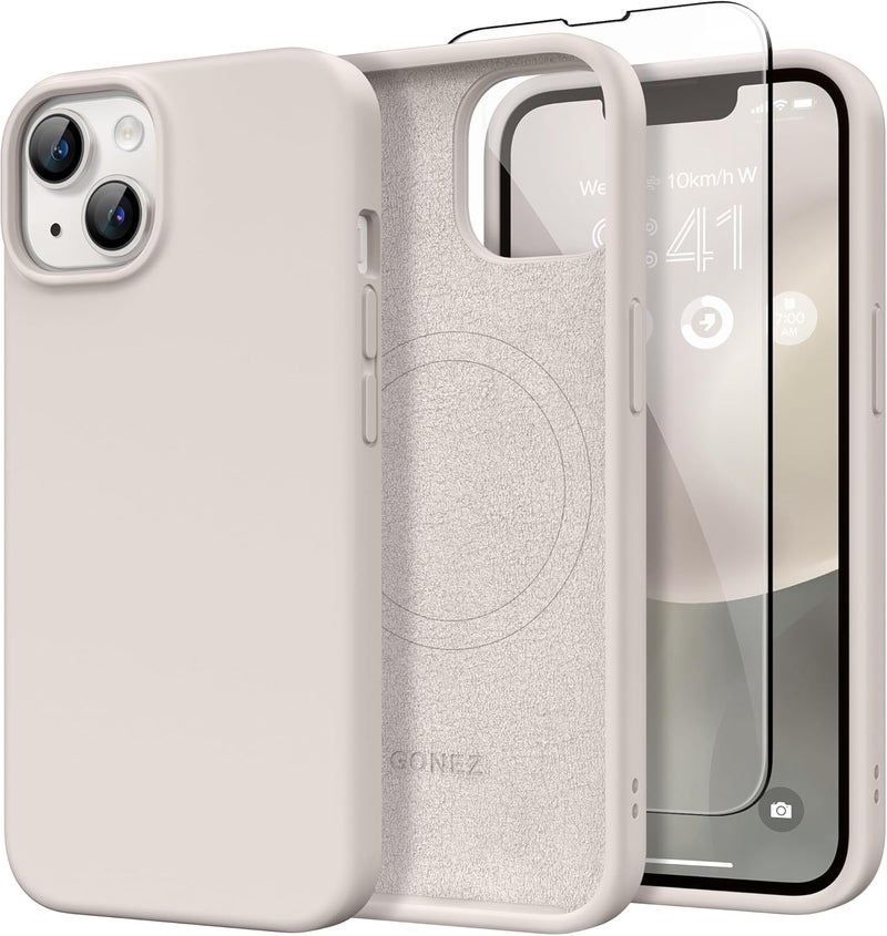 GONEZ iPhone 14 Silicone Case with 2 Screen Protector + 2 Camera Lens Protectors, [Anti-Scratch Soft Microfiber Lining], 6.1 Inch Shockproof Liquid Silicone Protective Case, Stone - Image 1