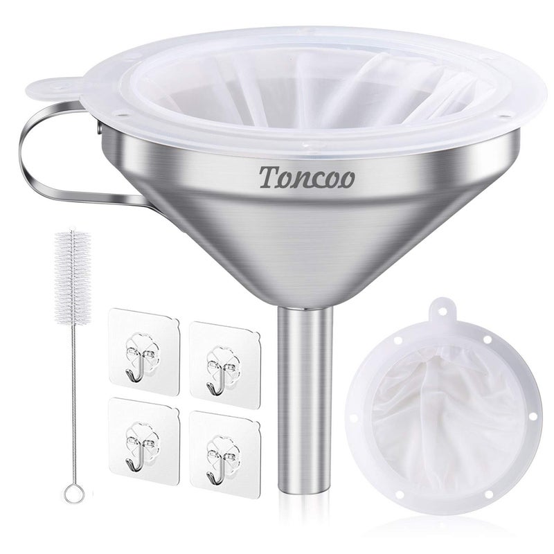 Toncoo 5-Inch Premium Stainless Steel Funnel with 200 Mesh Food Filter Strainer, Food Grade Kitchen Funnels for Filling Bottles, Metal Funnel with Strainer, Food Funnel for Kitchen - Image 1