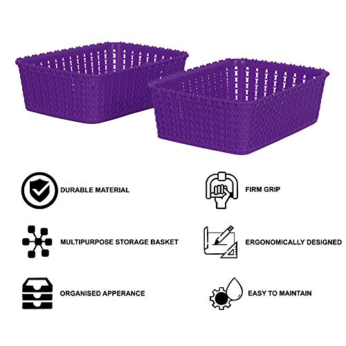 Cutting EDGE Plastic Multipurpose Sturdy Storage Baskets for Cosmetics Office Fruit Vegetable Bathroom Stationary Home Basket with Handle - Purple(Set of 2, Mini) - Image 4