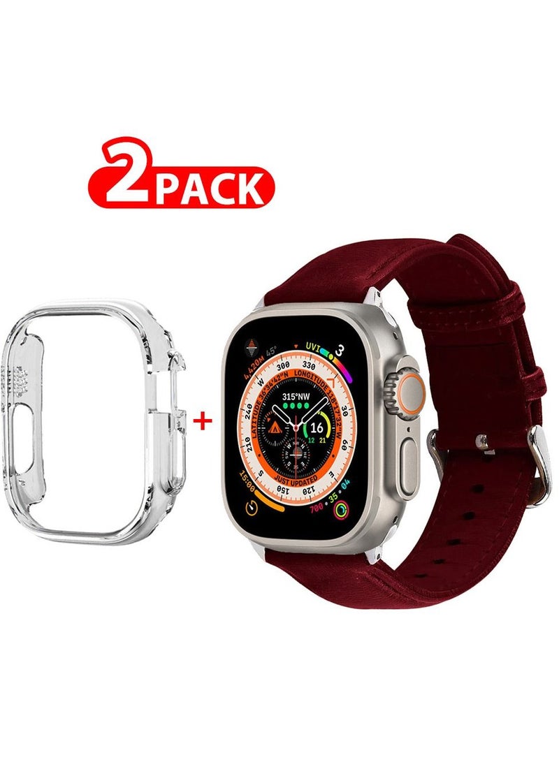 CATANES 2 Packs For Apple Watch Band 49mm Leather Band Buckle Strap Wristband and Clear Cup Holder Dark Red - Image 1