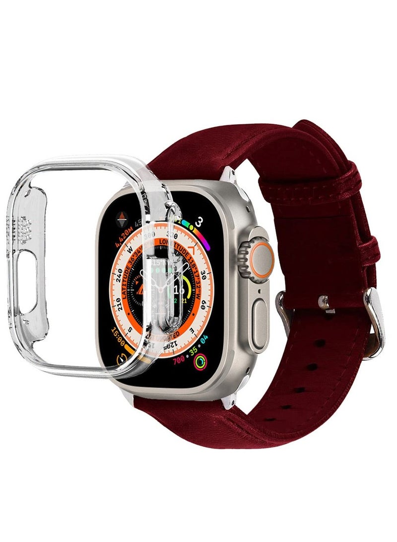 CATANES 2 Packs For Apple Watch Band 49mm Leather Band Buckle Strap Wristband and Clear Cup Holder Dark Red - Image 3