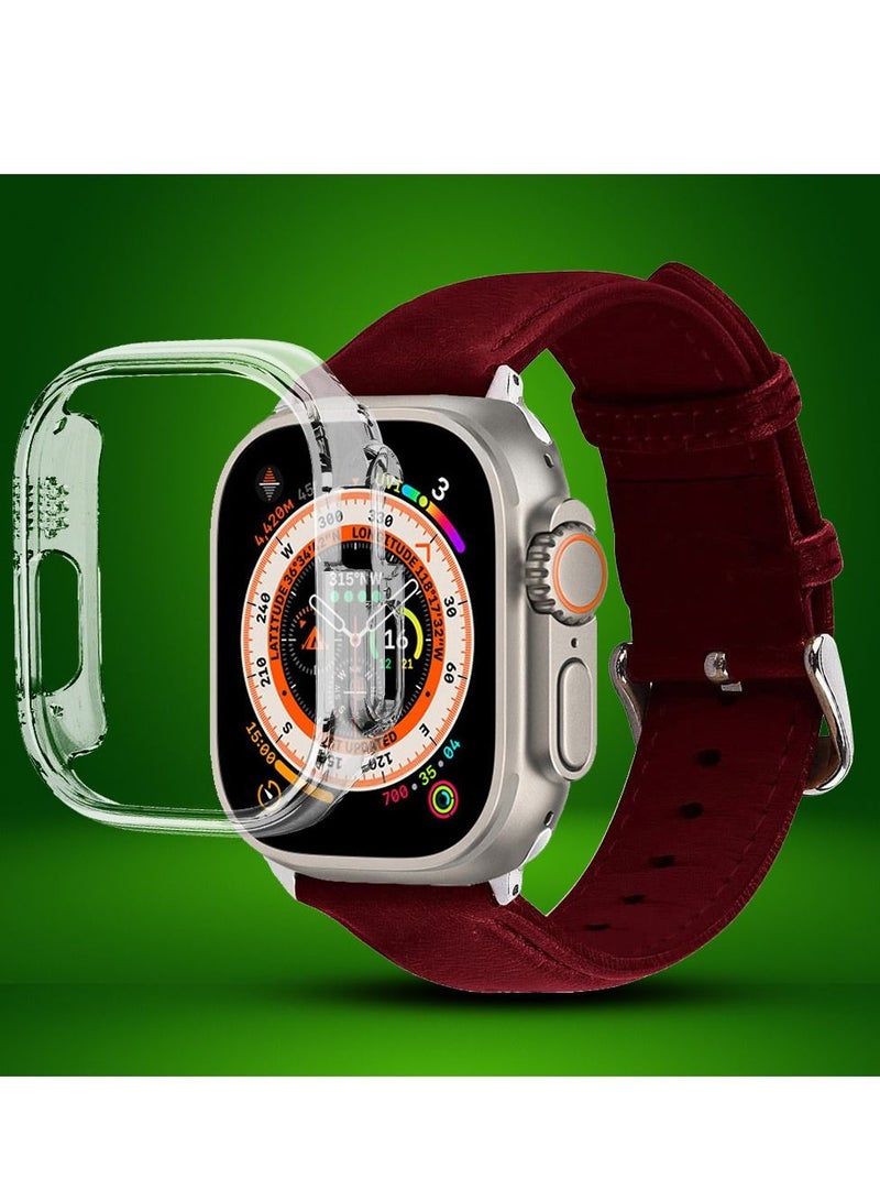 CATANES 2 Packs For Apple Watch Band 49mm Leather Band Buckle Strap Wristband and Clear Cup Holder Dark Red - Image 2