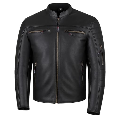 Mens REVOLT Premium Buffalo Natural Leather Motorcycle Jacket CE Armor Vented Removable Liner Concealed Carry Pockets Cruiser Retro Touring Biker Jacket Black XL