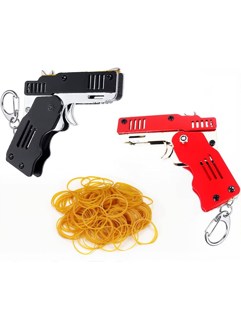 2 Pieces Rubber Band Gun Toy Easy Load Foldable Handmade Toy Gun Mini Metal Rubber Gun with Keychain and 120 Elastic Rubber Bands - Image 1