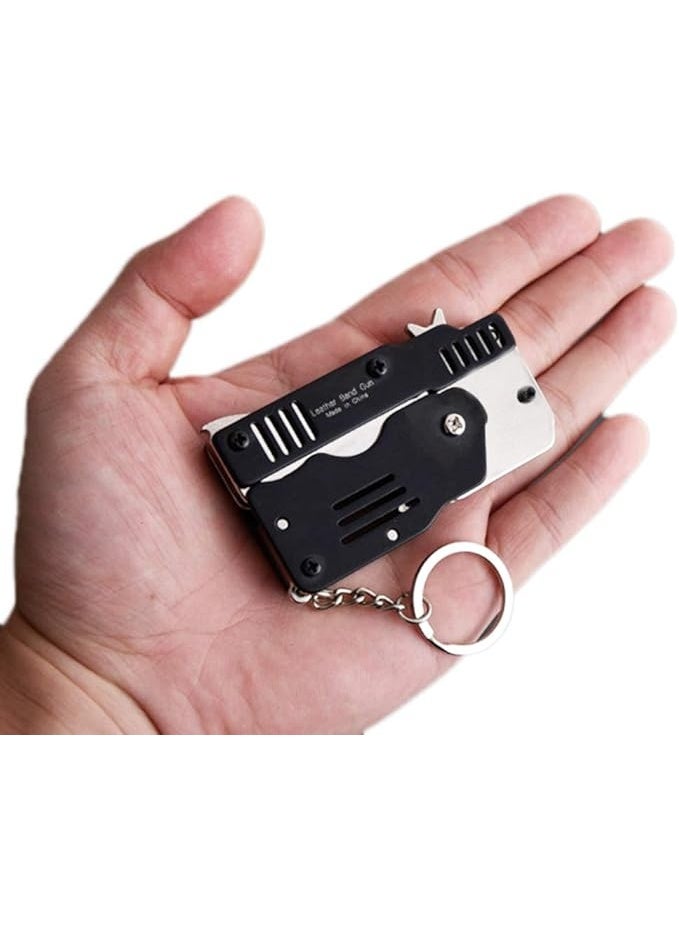2 Pieces Rubber Band Gun Toy Easy Load Foldable Handmade Toy Gun Mini Metal Rubber Gun with Keychain and 120 Elastic Rubber Bands - Image 3