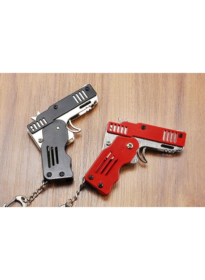 2 Pieces Rubber Band Gun Toy Easy Load Foldable Handmade Toy Gun Mini Metal Rubber Gun with Keychain and 120 Elastic Rubber Bands - Image 5