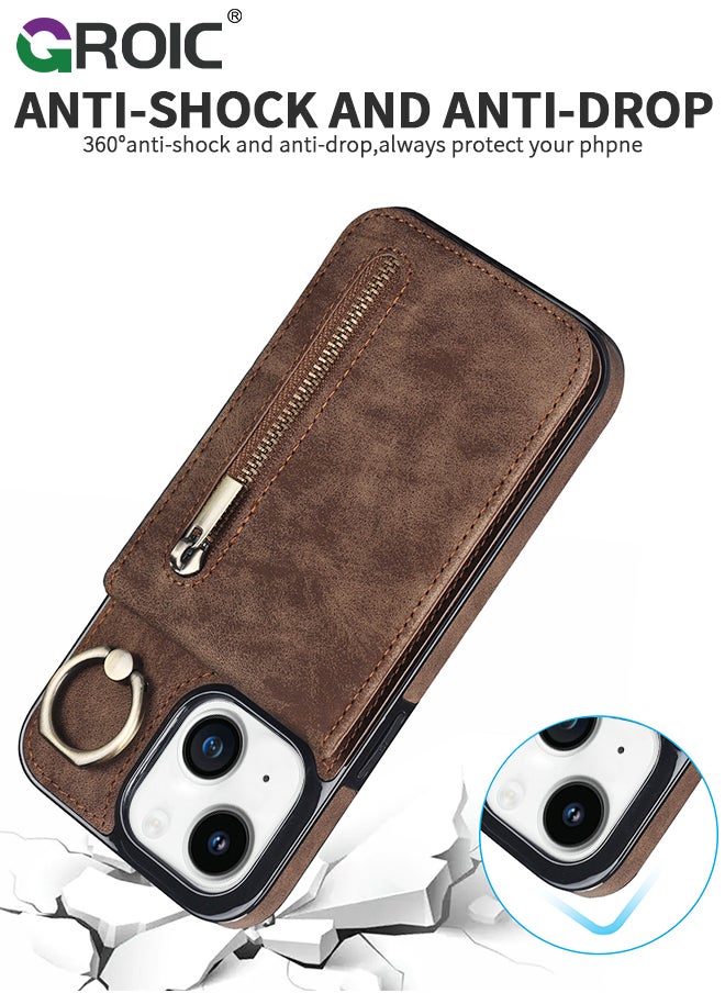 GROIC - For iPhone 15 6.1 Inch Case Flip Wallet Case with 5 Cards Holder and Zipper Purse, PU Leather Magnetic Buttons Ring Stand with Card Holder [RFID Blocking] Flip Shell for iPhone 15 Cover - Image 1