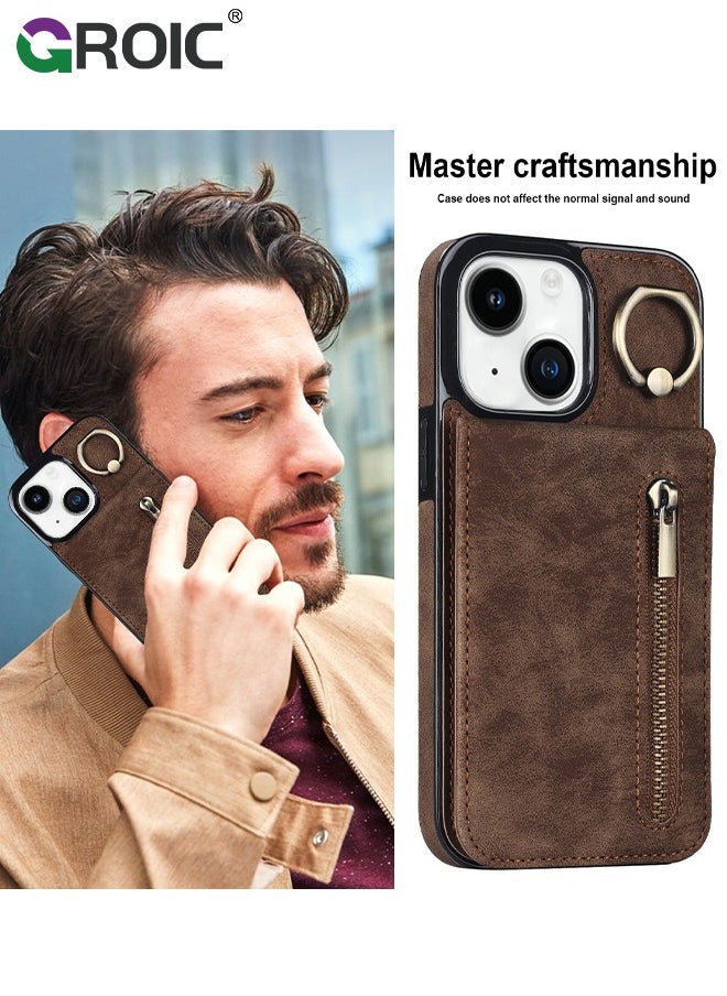GROIC - For iPhone 15 6.1 Inch Case Flip Wallet Case with 5 Cards Holder and Zipper Purse, PU Leather Magnetic Buttons Ring Stand with Card Holder [RFID Blocking] Flip Shell for iPhone 15 Cover - Image 1