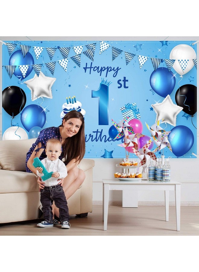 Blulu Happy 1St Birthday Backdrop Banner Blue Newborn Boys First Birthday Backdrop Photography Background For 1St Birthday Baby Shower Party Decorations Supplies 72.8 X 43.3 Inch - Image 4