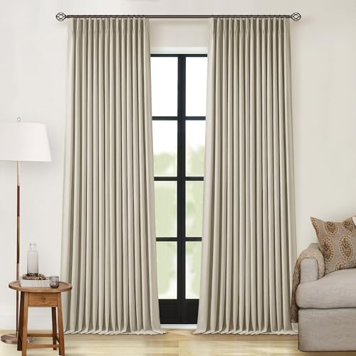 TWODRAPES 90 Inch 100% Blackout Linen Pleated Curtains 2 Panels for Living Room Pinch Pleated Back Tab Black Out Drapes Memory Shape Taupe Heat Reducing Pinch Pleat Window Curtains for Bedroom 90 Inches Long - Image 1