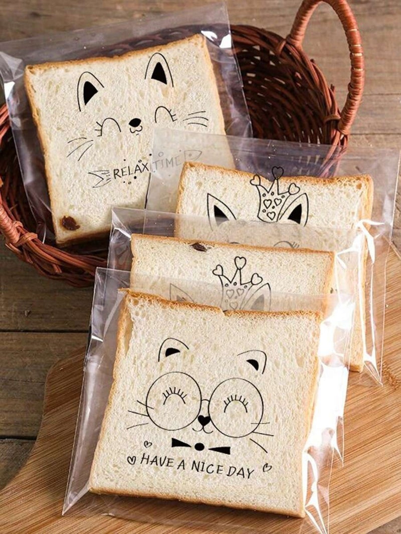 100 Cute Cat Design Self-Sealing Toast Bags, Clear Cellophane Snack Bags for Sandwiches & Baking, Perfect for Parties, Halloween, Weddings, Thanksgiving & Christmas