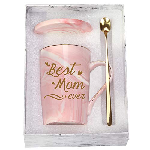 Toshiy Best Mom Mug - Birthday and Mother's Day Gift from Daughter or Son - 14 Ounce Pink Mug with Spoon, Cup Mat, and Gift Box - Image 1