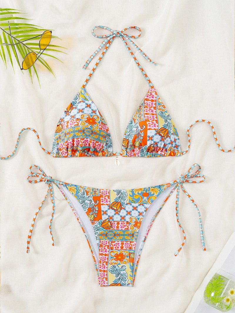 Tainehs Women's Sexy Halter Bikini Set Triangle Top String Swimwear Two Piece Swimsuits Cheeky Bathing Suit Orange Floral - Image 4