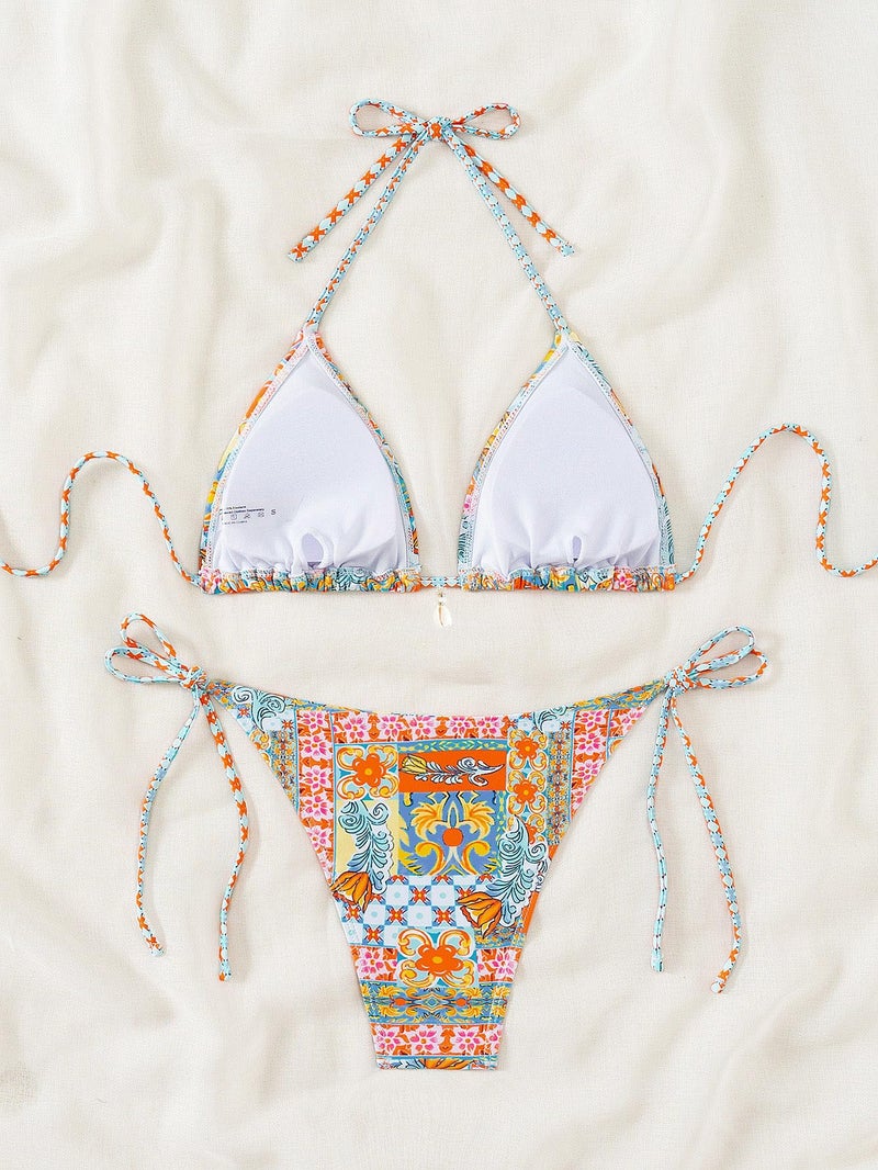 Tainehs Women's Sexy Halter Bikini Set Triangle Top String Swimwear Two Piece Swimsuits Cheeky Bathing Suit Orange Floral - Image 5