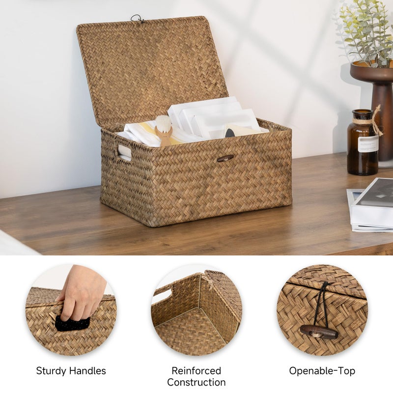StorageWorks Wicker Baskets with Lid for Organizing, Seagrass Storage Baskets for Shelves, Decorative Box with Built-in Handles, Brown, Large, 1 Pack - Image 3
