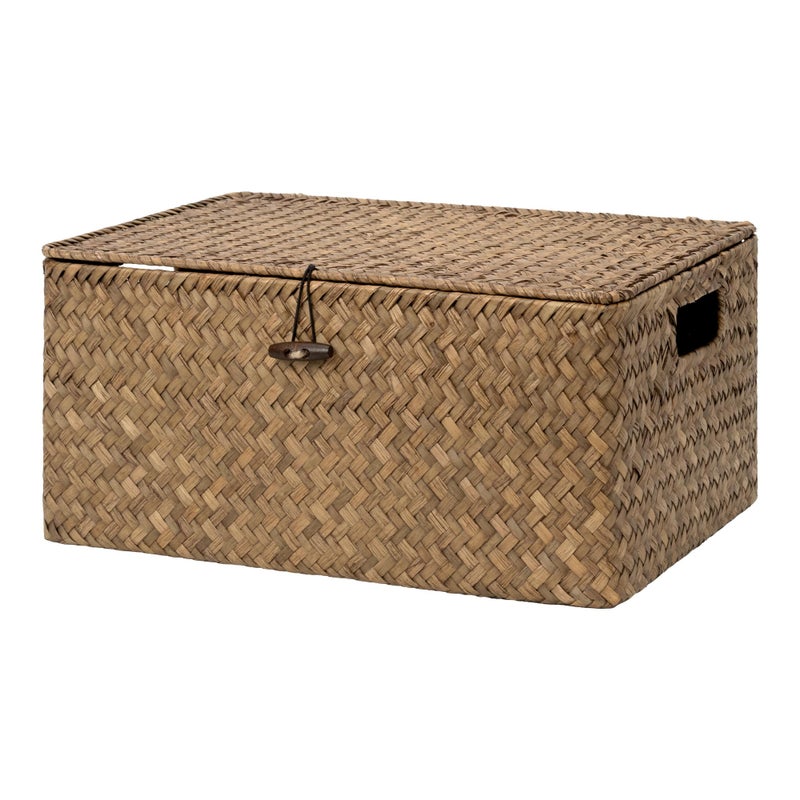 StorageWorks Wicker Baskets with Lid for Organizing, Seagrass Storage Baskets for Shelves, Decorative Box with Built-in Handles, Brown, Large, 1 Pack - Image 1