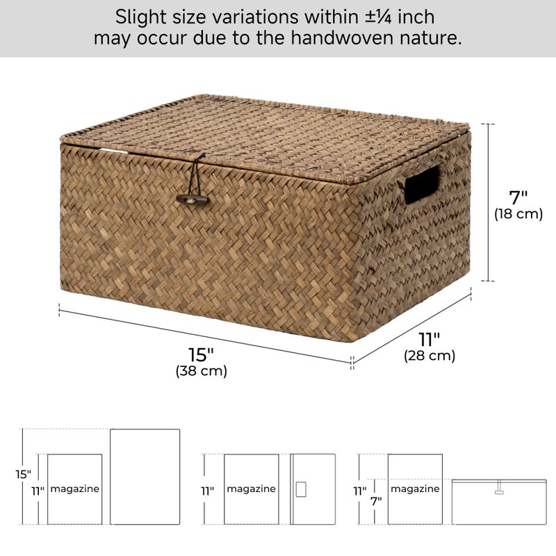 StorageWorks Wicker Baskets with Lid for Organizing, Seagrass Storage Baskets for Shelves, Decorative Box with Built-in Handles, Brown, Large, 1 Pack - Image 2