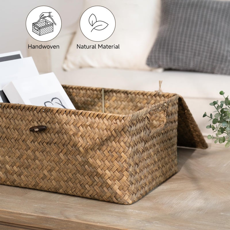 StorageWorks Wicker Baskets with Lid for Organizing, Seagrass Storage Baskets for Shelves, Decorative Box with Built-in Handles, Brown, Large, 1 Pack - Image 4