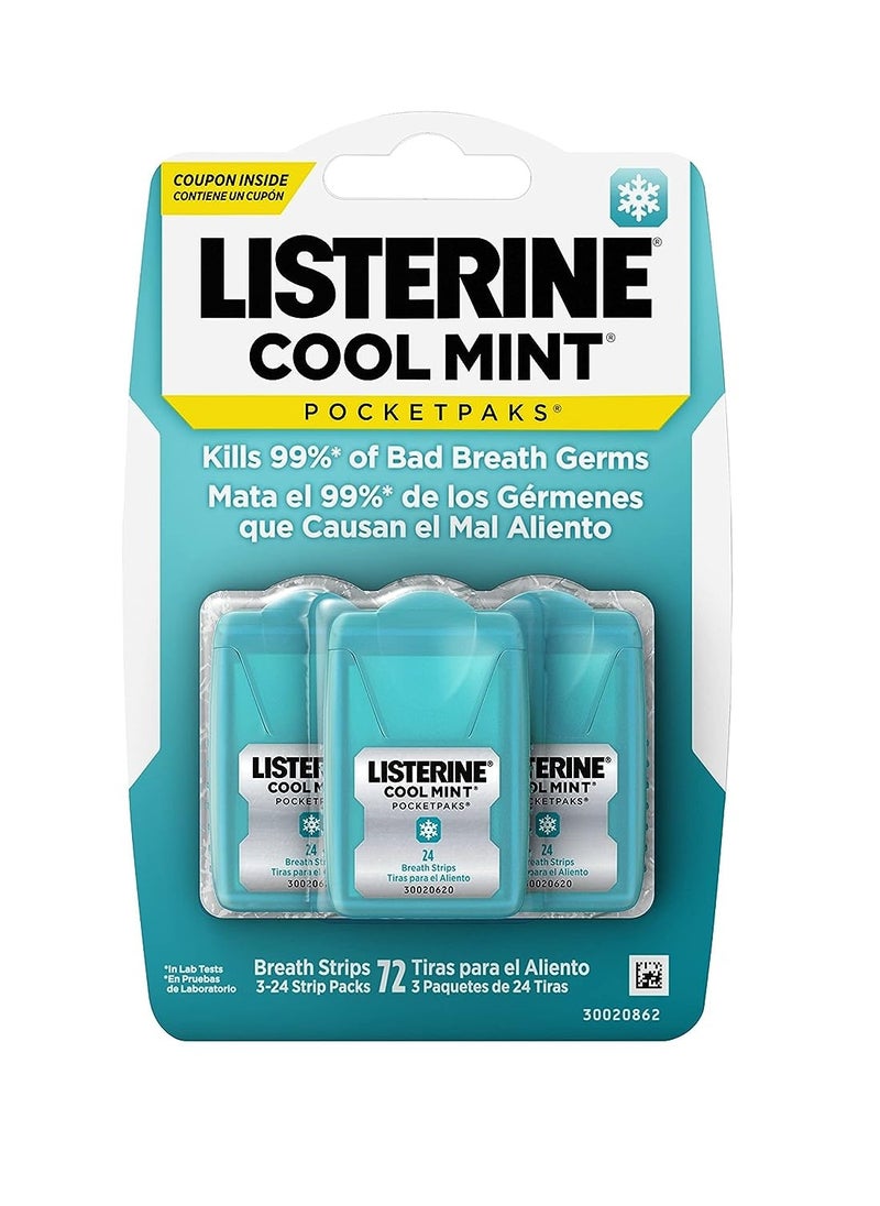 Listerine Listerine Cool Mint Pocketpaks Breath Strips Kills Bad Breath Germs, 24-Strip Pack, 3 Pack  - Image 1