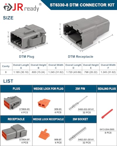 JRready Deutsch DTM 8 Pin Connectors 4 Kits Waterproof Electrical Wire Connectors with Size 20 Solid Contacts 2022AWG ST63308 Deutsch DTM Automotive Connectors Kit for Car TruckMarine - Image 3
