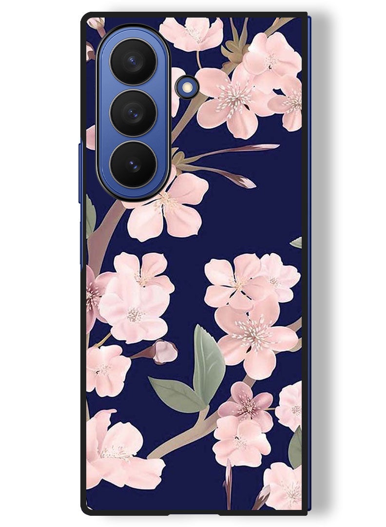 Theodor Case Compatible with Samsung Galaxy Z Fold 7 - 8 Inch Protection Shockproof Bumper Cover Pink Flowers In Blue Background - Image 1