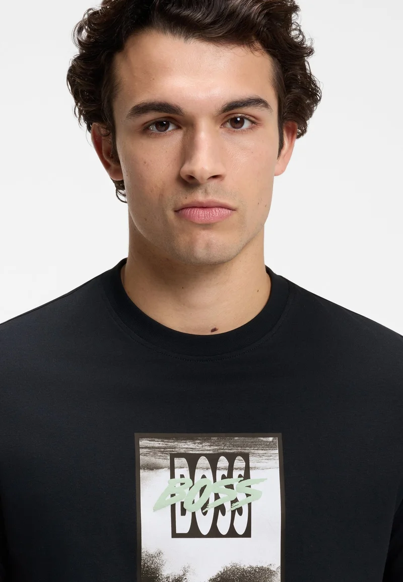 BOSS Dark Blue Cotton-jersey T-shirt with printed artwork for Men | Best Price UAE