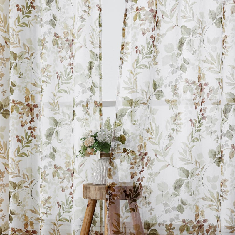 OWENIE Crushed Sheer Curtains 63 Inch Length 2 Panels Set, Sheer Floral Curtians with Printed Leaves Design, Printing Drapes for Living Room, Rod Pocket Light Filtering Window Sheers 42" W x 63" L - Image 1