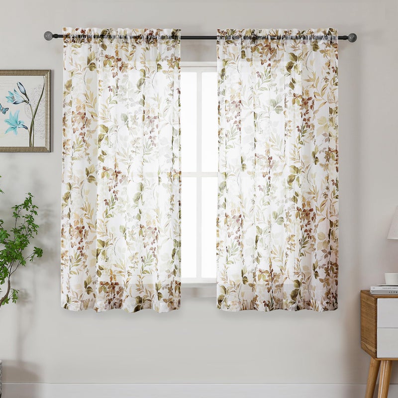 OWENIE Crushed Sheer Curtains 63 Inch Length 2 Panels Set, Sheer Floral Curtians with Printed Leaves Design, Printing Drapes for Living Room, Rod Pocket Light Filtering Window Sheers 42" W x 63" L - Image 2