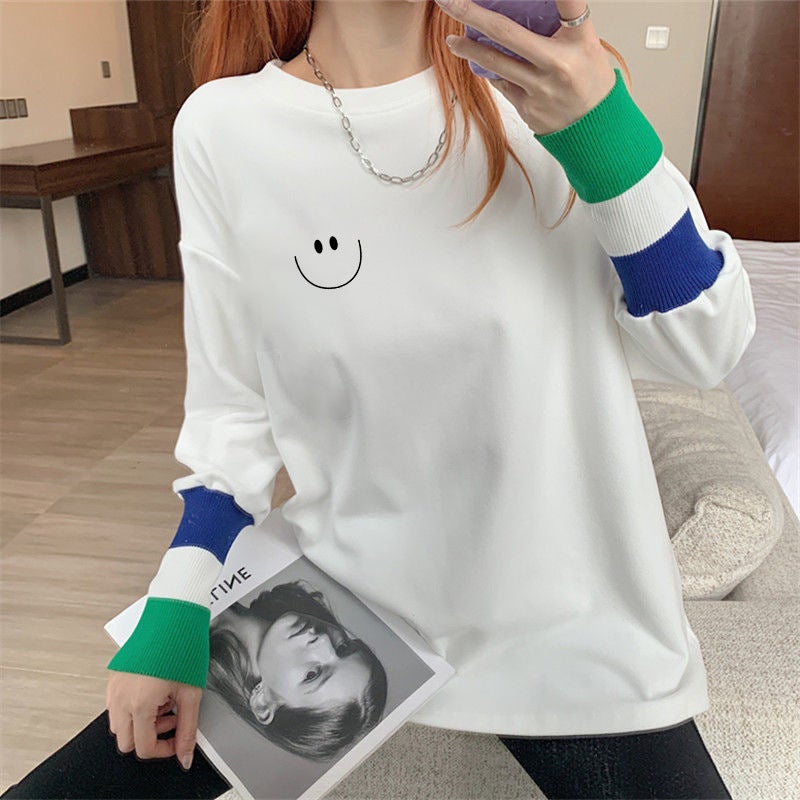 Wholesale undershirt T-shirt for women 2024 spring new mid-length versatile loose long sleeve solid color top fashion YXQ# [conventional] 9009# classic smiley face