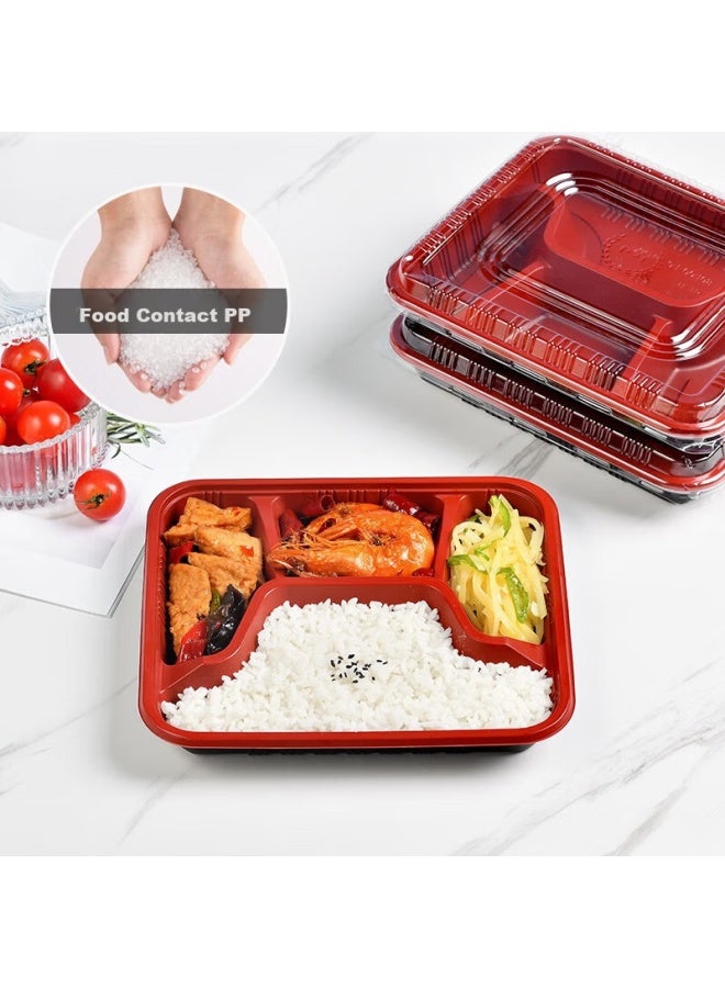 Temeiju Disposable Food Containers, Four Compartments, Thickened With Lids, Takeout Boxes, Black And Red, 100 Sets, 1000 Model, Microwave Safe - Image 1