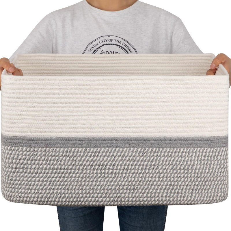 OIAHOMY Large Blanket Basket, 22â€x17â€x12â€ Rectangle Woven Baskets, Nursery Blanket Storage Living Room, Toy Storage With Handle, Large Baskets for Organizing-Grey/White - Image 1