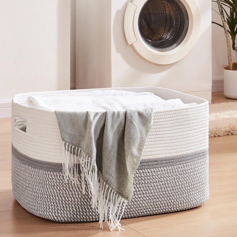 OIAHOMY Large Blanket Basket, 22â€x17â€x12â€ Rectangle Woven Baskets, Nursery Blanket Storage Living Room, Toy Storage With Handle, Large Baskets for Organizing-Grey/White - Image 2