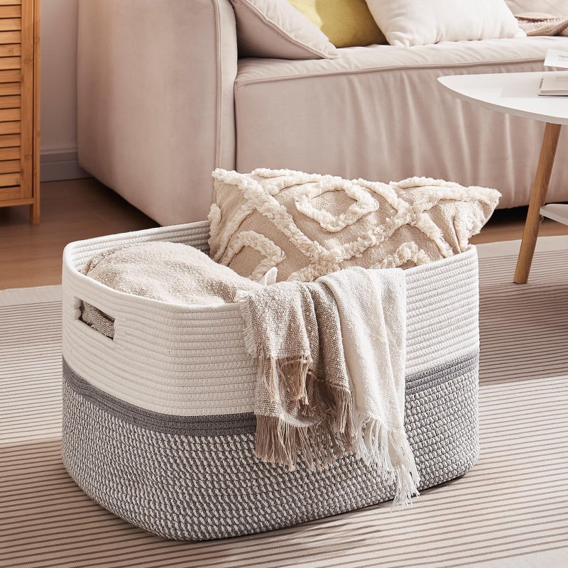OIAHOMY Large Blanket Basket, 22â€x17â€x12â€ Rectangle Woven Baskets, Nursery Blanket Storage Living Room, Toy Storage With Handle, Large Baskets for Organizing-Grey/White - Image 4