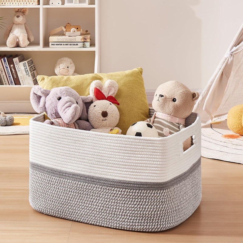 OIAHOMY Large Blanket Basket, 22â€x17â€x12â€ Rectangle Woven Baskets, Nursery Blanket Storage Living Room, Toy Storage With Handle, Large Baskets for Organizing-Grey/White - Image 5