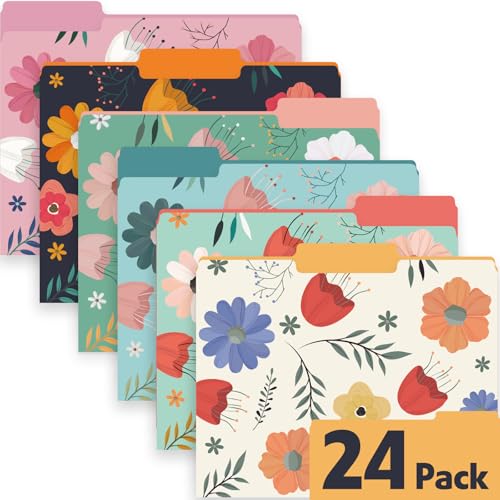 YesBes 24 Pack Decorative File Folders, 1/3 Cut Tab Floral Colored Folders Letter Size 8.8 x 11.6 Inch, Assorted 6 Styles Filing Folder for Office School Business - Image 1