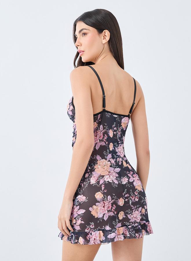 Styli Floral Print Ruched Slip Dress with Ruffled Hem - Image 3