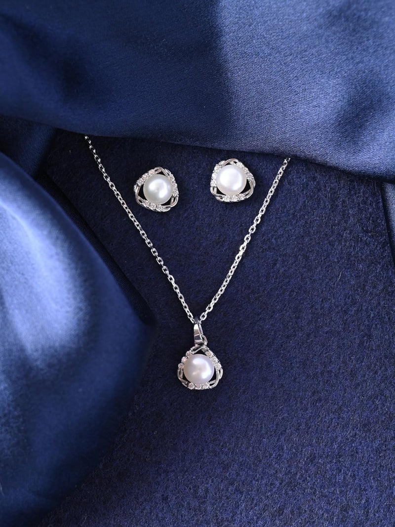 Clara 925 Sterling Silver Zuha Freshwater Pearl Pendant Earrings Chain Necklace Jewellery Set | Platinum Plated, Swiss Zirconia |Gift for Women and Girls - Image 2