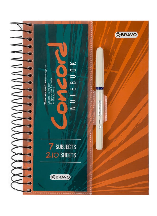 Bravo Bravo Concord Spiral Notebook with Free pen - 7 Subjects - 210 Sheets - Med Size - Orange 