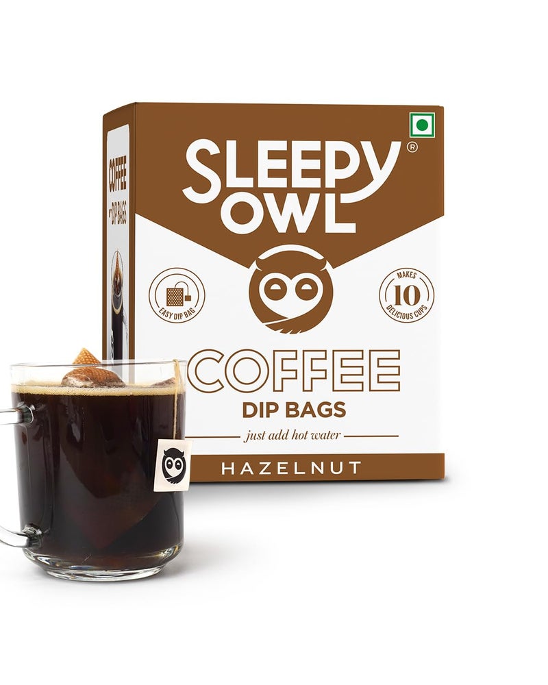 Sleepy Owl Hazelnut Ground Coffee Dip Bags | 10 Bags - Makes 10 Cups | Hot Brew - Have it as Black Coffee or with Milk | 5 Min Brew - No Equipment Needed | Travel Pack | Medium Roast | 100% Arabica - Image 1
