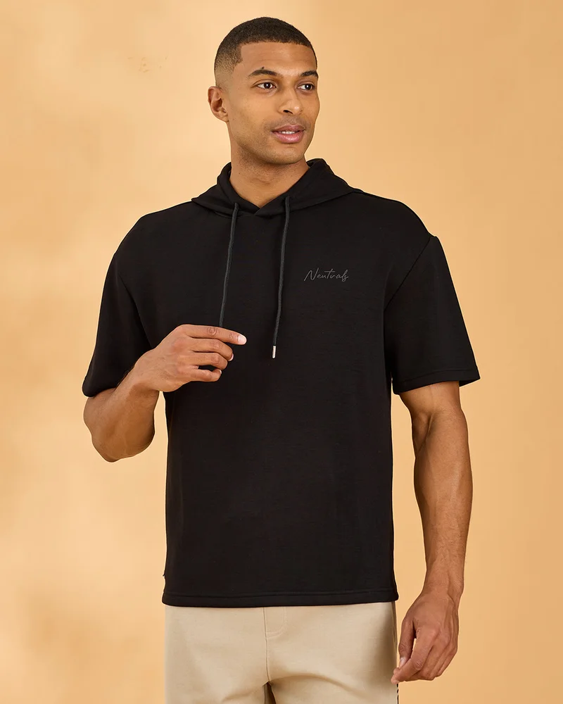 Redtag Men Black Modal Lounge Hooded T-Shirt