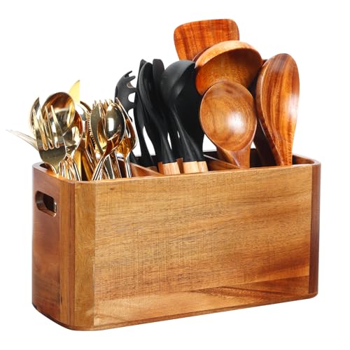 Rodelna Kitchen Utensil Holder for Counter or Countertop, Extra Large Acacia Wood Organizer with 3 Compartments, Wooden Storage for Cooking and Silverware, Rustic Minimalist Decor, Sturdy Utensil Crock - Image 1