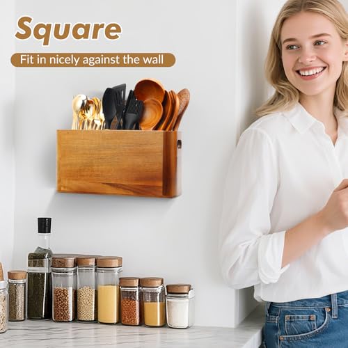 Rodelna Kitchen Utensil Holder for Counter or Countertop, Extra Large Acacia Wood Organizer with 3 Compartments, Wooden Storage for Cooking and Silverware, Rustic Minimalist Decor, Sturdy Utensil Crock - Image 2