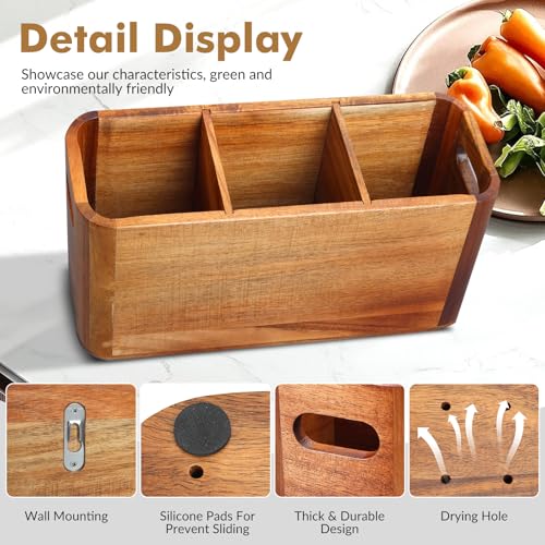 Rodelna Kitchen Utensil Holder for Counter or Countertop, Extra Large Acacia Wood Organizer with 3 Compartments, Wooden Storage for Cooking and Silverware, Rustic Minimalist Decor, Sturdy Utensil Crock - Image 5