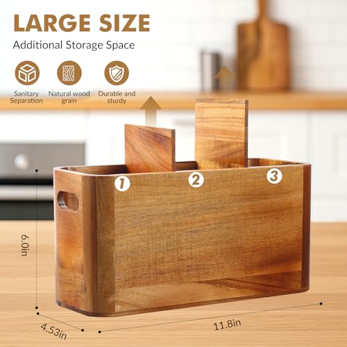Rodelna Kitchen Utensil Holder for Counter or Countertop, Extra Large Acacia Wood Organizer with 3 Compartments, Wooden Storage for Cooking and Silverware, Rustic Minimalist Decor, Sturdy Utensil Crock - Image 4