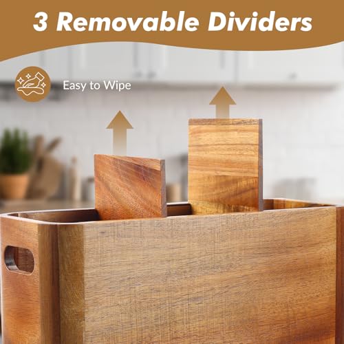 Rodelna Kitchen Utensil Holder for Counter or Countertop, Extra Large Acacia Wood Organizer with 3 Compartments, Wooden Storage for Cooking and Silverware, Rustic Minimalist Decor, Sturdy Utensil Crock - Image 3