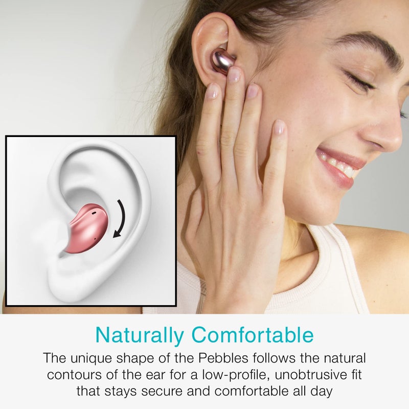 MEE Audio سماعات MEE الصوتية Pebbles اللاسلكية الحقيقية - بلوتوث 5.3 بتصميم منخفض في الأذن وخفيفة الوزن مع ميكروفون سماعة وتقنية تقليل الضوضاء للمكالمات للصالات الرياضية/التمارين/الرياضة والألعاب، ذهب وردي - Image 2