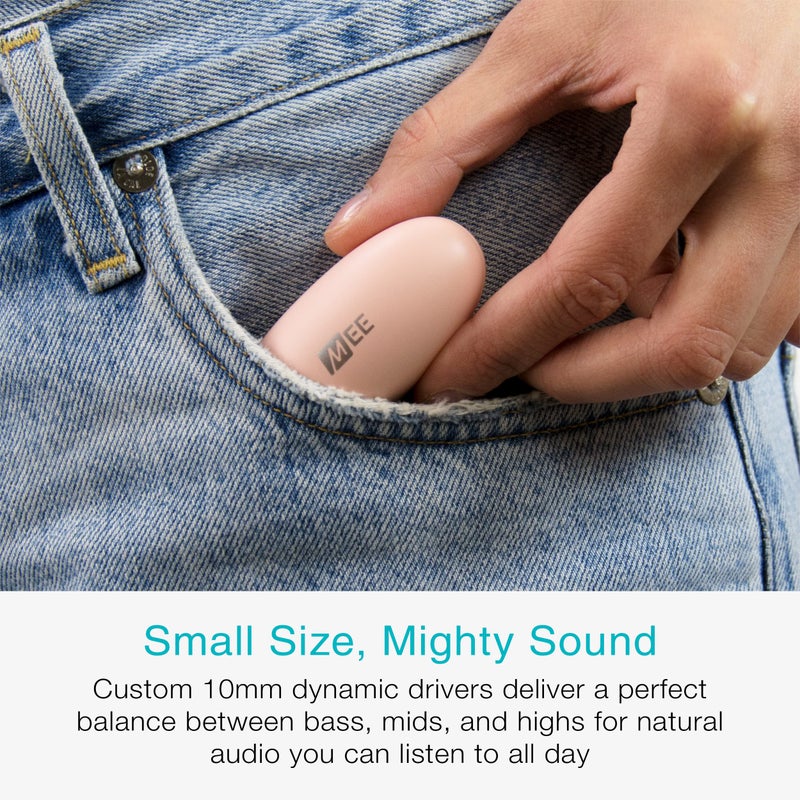 MEE Audio سماعات MEE الصوتية Pebbles اللاسلكية الحقيقية - بلوتوث 5.3 بتصميم منخفض في الأذن وخفيفة الوزن مع ميكروفون سماعة وتقنية تقليل الضوضاء للمكالمات للصالات الرياضية/التمارين/الرياضة والألعاب، ذهب وردي - Image 4